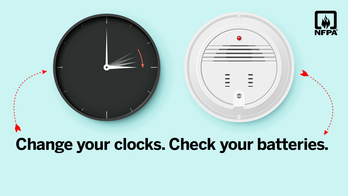 A graphic showing an analog clock and a smoke detector. The text reads "Change your clocks. Check your batteries."